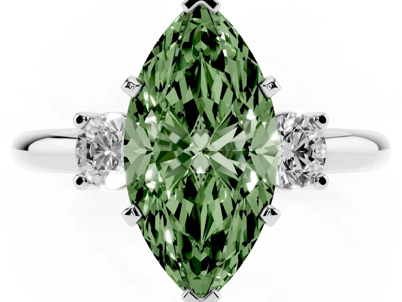 Marquise Three Stone Engagement Ring Setting for a Fancy Green Lab-Grown Diamond | Round Side Stones | Sterling Silver