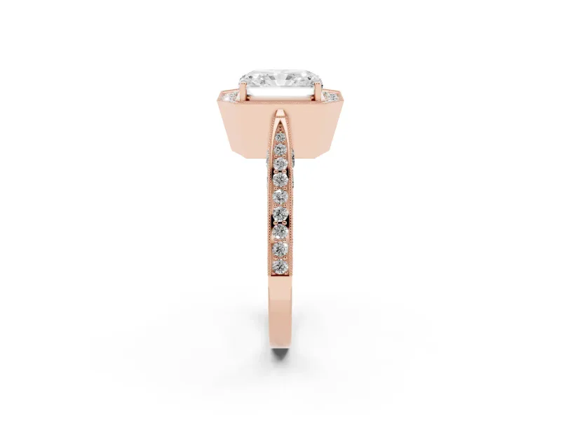 Radiant Cut Vintage Milgrain Halo Engagement Ring Setting | Side Stones and Pave | Rose Gold