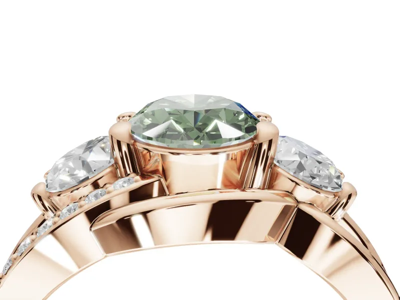 Oval Three Stone Split Shank Engagement Ring Setting for a Fancy Green Lab-Grown Diamond | Matching Sides | Rose Gold