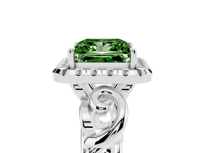 Fancy Green Princess Cut Diamond Halo Ring Set in Silver with Scrollwork Band and Prong Setting