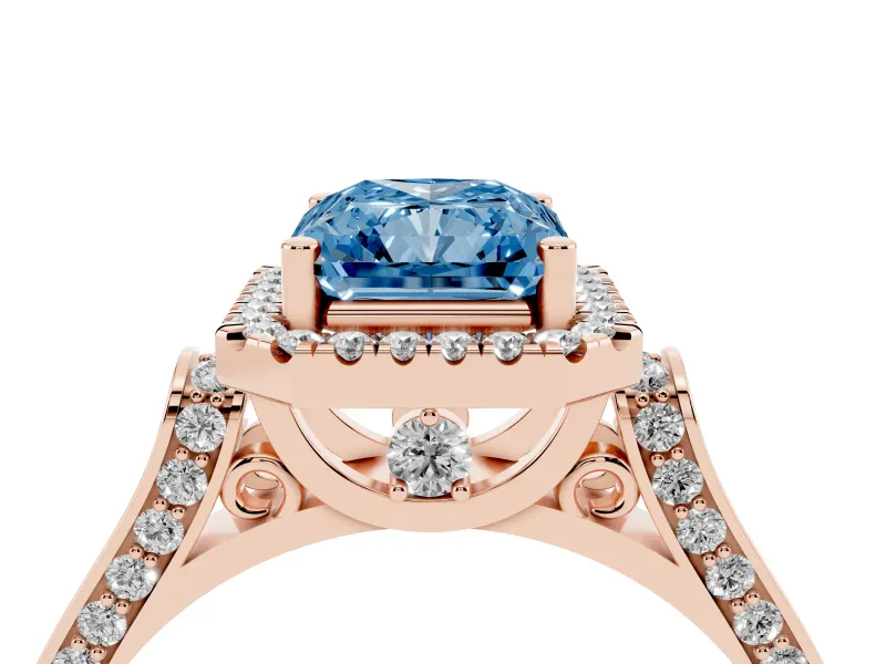 Radiant Cut Halo Engagement Ring Setting for a Fancy Blue Lab-Grown Diamond | Pavé Panel Shoulders | Rose Gold