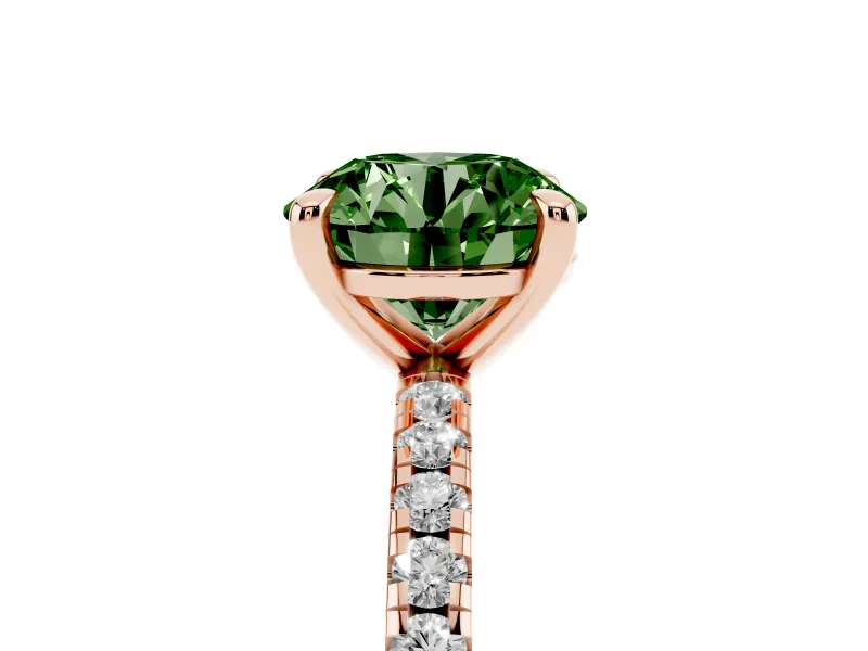 Fancy Green Round Cut Diamond Brilliant Solitaire Ring Set in Rose gold with Pavé Band and Prong Setting