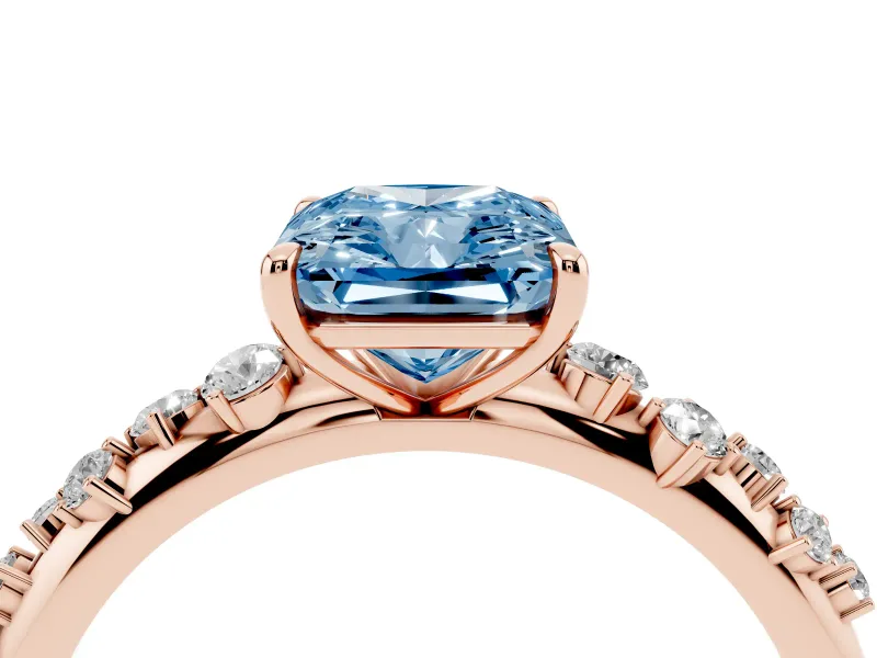Fancy Blue Radiant Cut Diamond Cluster Solitaire Ring Set in Rose gold with Prong Setting