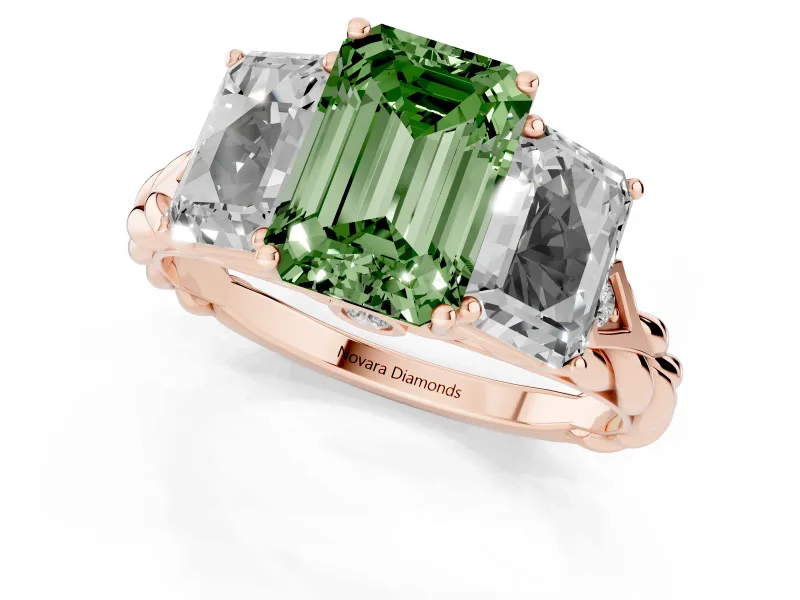 Fancy Green Emerald Cut Diamond Three-Stone Ring Set in Rose gold with Braided Band