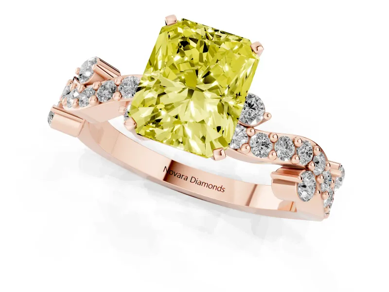 Fancy Yellow Radiant Cut Diamond Solitaire Twisted Band Set in Rose gold with Pavé Setting