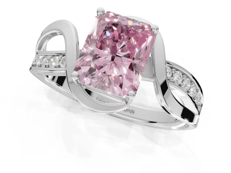 Radiant Cut Bypass Solitaire Engagement Ring Setting for a Fancy Pink Lab-Grown Diamond | Pavé Strands | White Gold