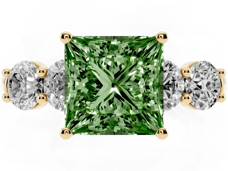 Princess Cut Five Stone Engagement Ring Setting for a Fancy Green Lab-Grown Diamond | Plain Band | Yellow Gold