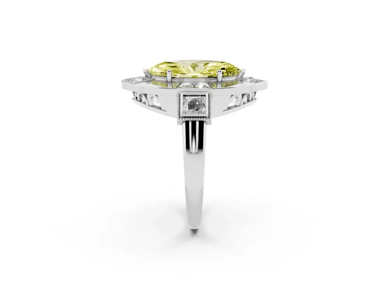 Fancy Yellow Marquise Cut Diamond Milgrain Halo Ring Set in Silver with Split Shank