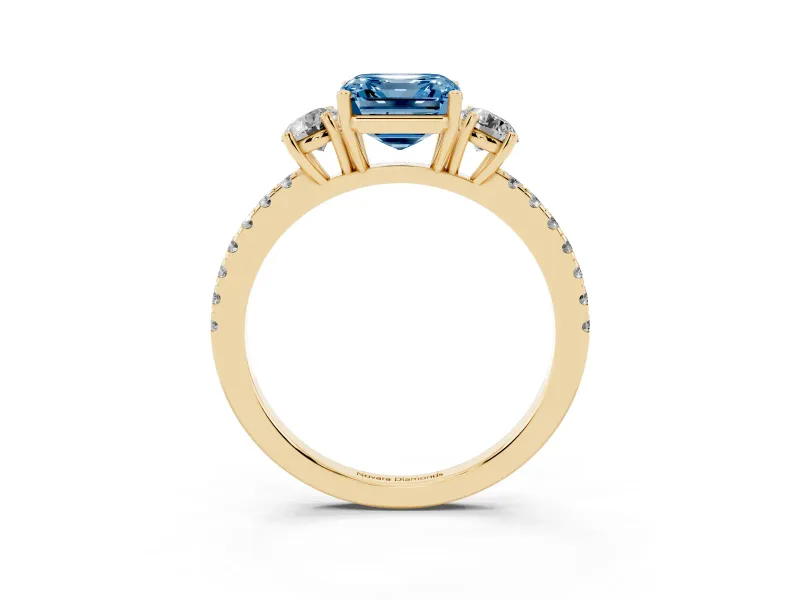 Asscher Cut Three Stone Engagement Ring Setting for a Fancy Blue Lab-Grown Diamond | Pave Shoulders | Yellow Gold