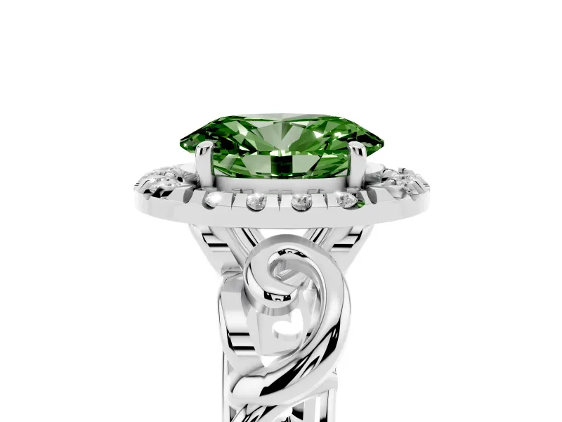 Fancy Green Oval Cut Diamond Halo Ring Set in Platinum with Scrollwork Band and Prong Setting
