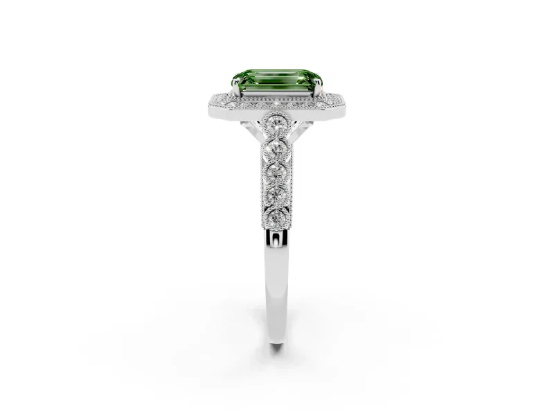 Emerald Cut Graduated Milgrain Halo Engagement Ring Setting for a Fancy Green Lab-Grown Diamond | White Gold