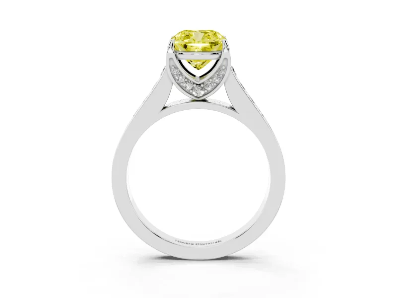Fancy Yellow Cushion Cut Diamond Solitaire Pavé Engagement Ring Set in Silver with Prong Setting