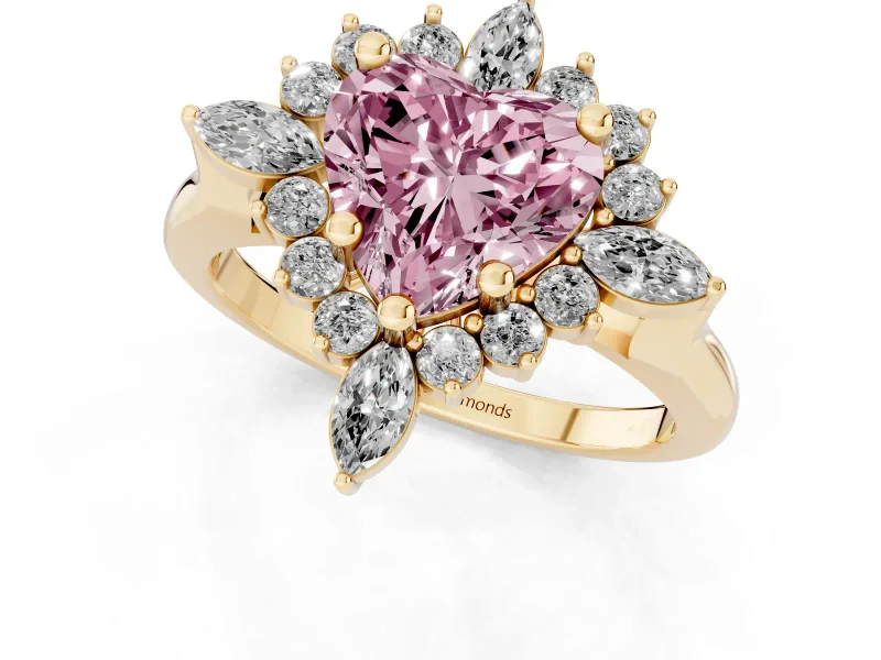 Fancy Pink Heart Cut Diamond Cluster Halo Ring Set in Yellow gold with Marquise and Round Accents