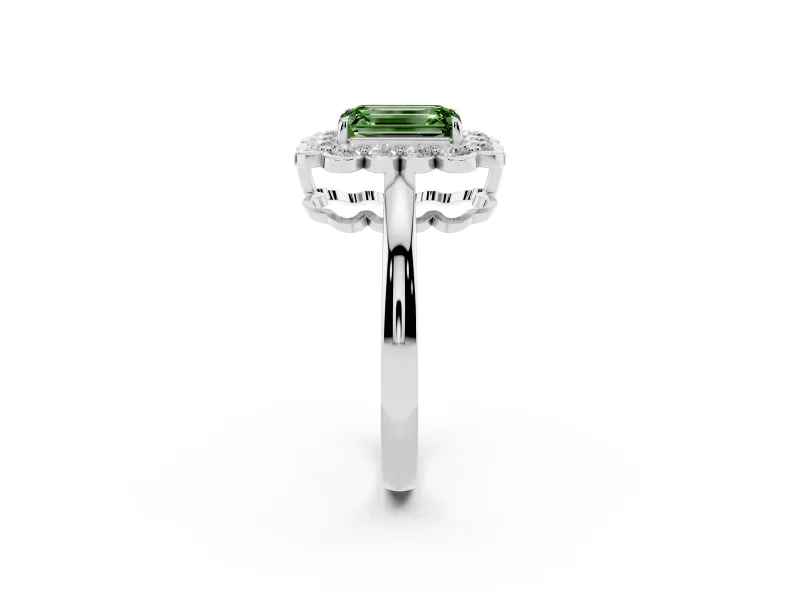 Emerald Cut Scalloped Cluster Halo Engagement Ring Setting for a Fancy Green Lab-Grown Diamond | Plain Band | Platinum