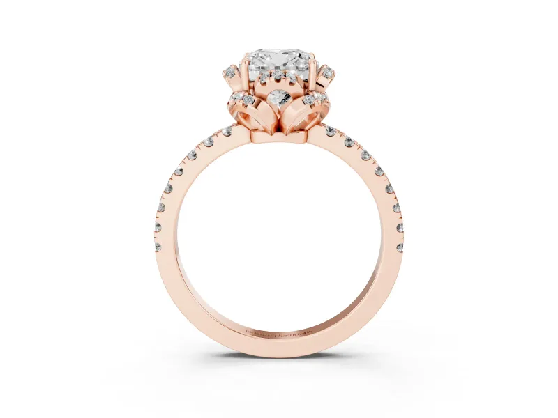 Cushion Cut Diamond Halo Pavé Band Ring Set in Rose gold with Prong-Held Center
