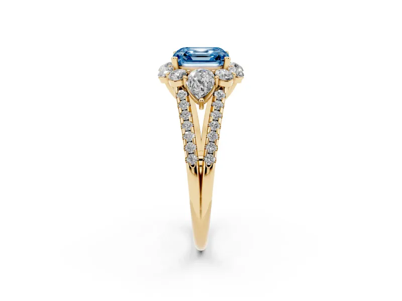 Fancy Blue Asscher Cut Diamond Halo Split Shank Engagement Ring Set in Yellow gold with Prong-Held Center Stone