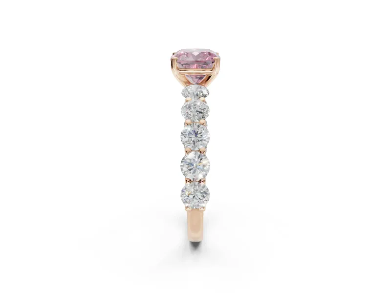 Cushion Cut Side Stone Engagement Ring Setting for a Fancy Pink Lab-Grown Diamond | Scalloped Prong Accents | Rose Gold