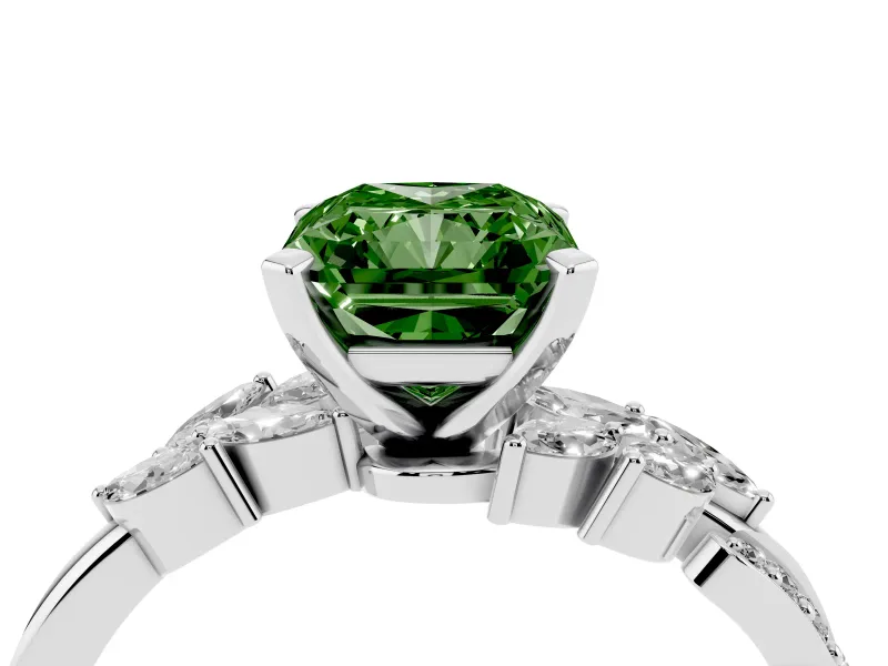 Radiant Cut Floral Engagement Ring Setting for a Fancy Green Lab-Grown Diamond | Marquise Side Stones | White Gold