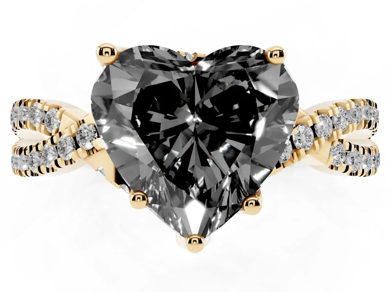Heart-Shaped Twisted Pavé Engagement Ring Setting for a Black Center | Split Shank | Yellow Gold
