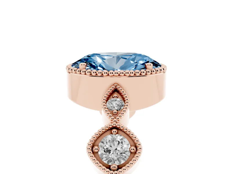 Fancy Blue Oval Cut Diamond Vintage-Inspired Milgrain Ring Set in Rose gold with Marquise Stations of Round Accents
