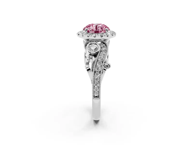 Fancy Pink Round Cut Diamond Halo Ring Set in Platinum with Milgrain Pavé Band and Prong Setting