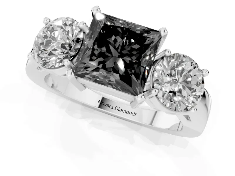 Princess Cut Three Stone Engagement Ring Setting for a Black Center | Round Side Stones | Sterling Silver