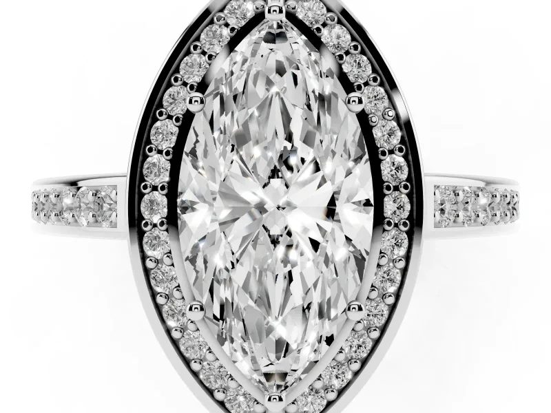 Marquise Cut Diamond Halo Pavé Split Shank Ring Set in Silver with Prong Setting