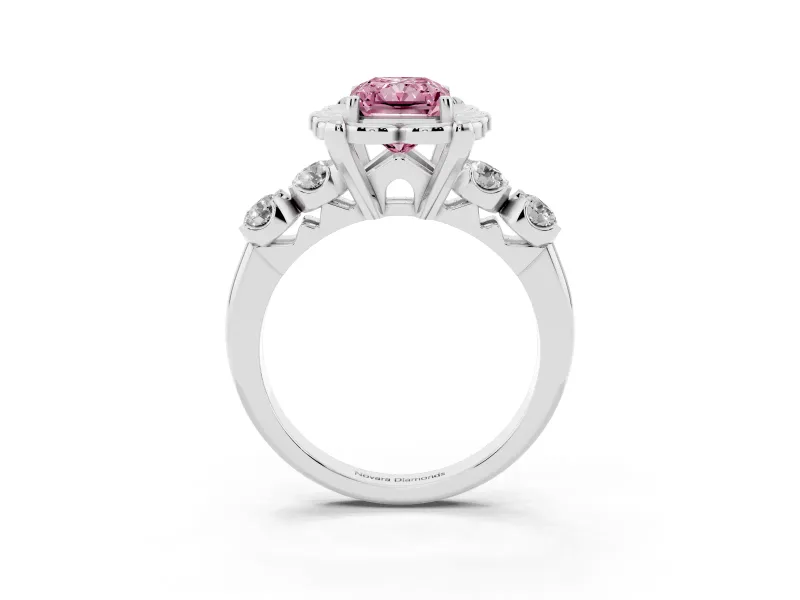 Fancy Pink Radiant Cut Diamond Floral Halo Ring Set in White gold with Shared Prong Band