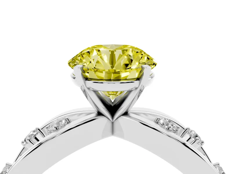 Fancy Yellow Round Cut Diamond Solitaire Ring Set in Silver with Side Stones on Criss-Cross Band and Prong Setting