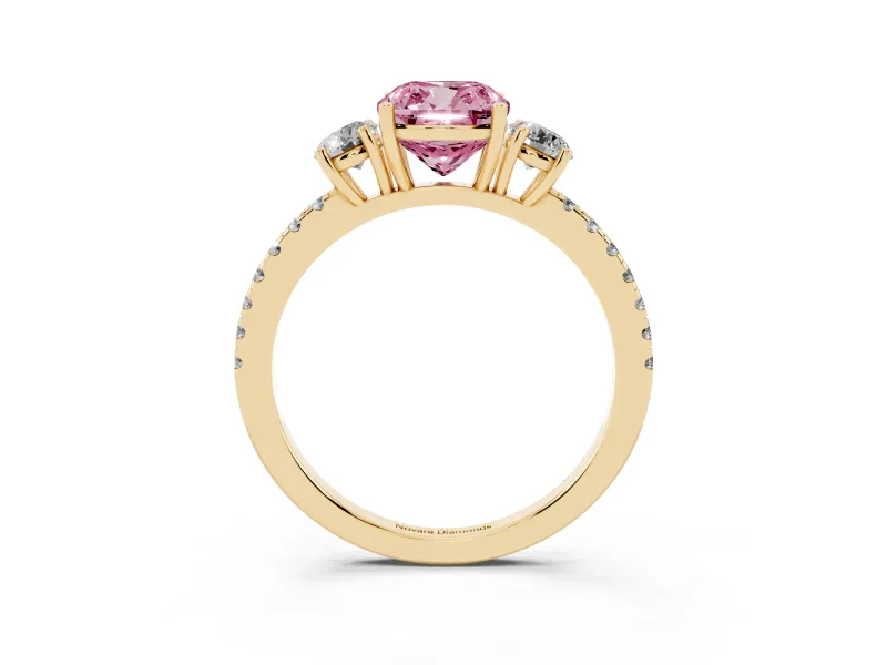Cushion Cut Three Stone Engagement Ring Setting for a Fancy Pink Lab-Grown Diamond | Pave Shoulders | Yellow Gold