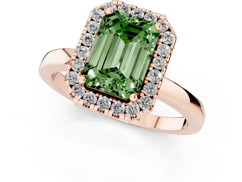 Fancy Green Emerald Cut Diamond Halo Solitaire Ring Set in Rose gold with Pavé Band and Prong Setting
