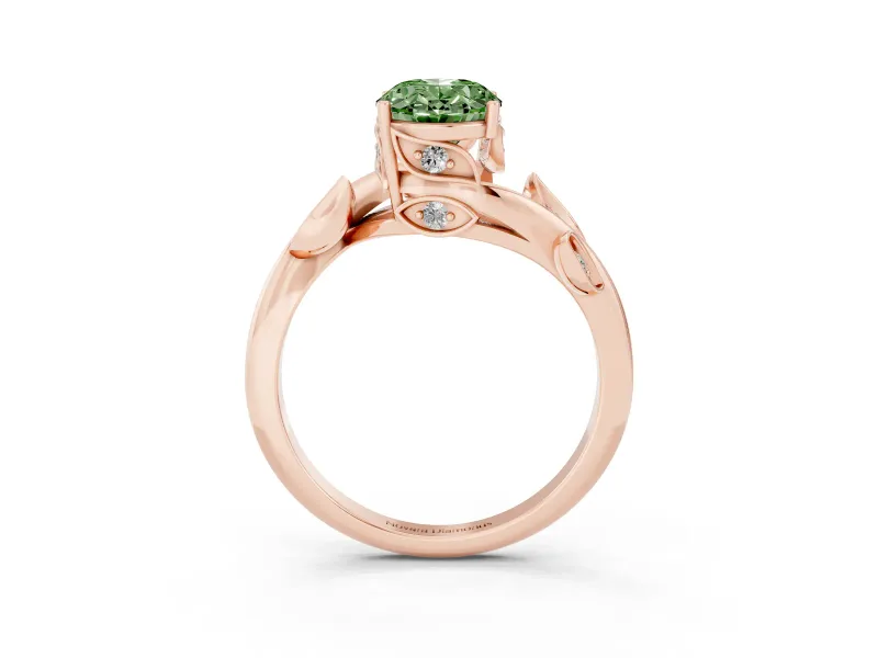 Fancy Green Oval Cut Diamond Solitaire Twist Engagement Ring Set in Rose gold with Pavé Leaf Accents