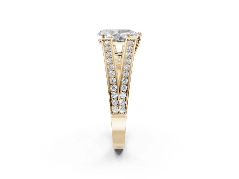 Pear-Shaped Split Shank Pavé Engagement Ring Setting | Engraved Leaf Sides | Yellow Gold