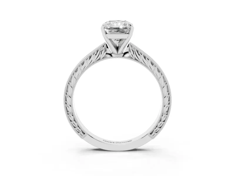 Radiant Cut Engraved Solitaire Engagement Ring Setting | Milgrain Edges | Sterling Silver