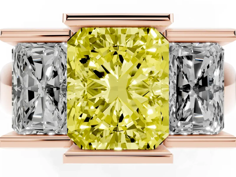 Radiant Cut Channel-Set Three Stone Engagement Ring Setting for a Fancy Yellow Lab-Grown Diamond | Rose Gold