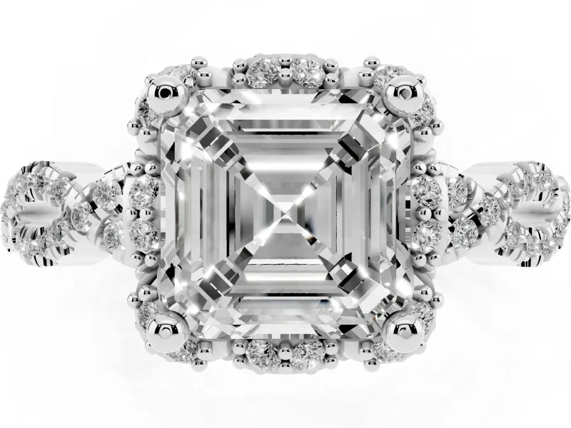 Asscher Cut Diamond Halo Twist Band Solitaire Ring Set in Platinum with Prong-Set Center Stone
