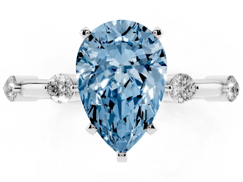 Fancy Blue Pear Cut Diamond Solitaire Ring Set in White gold with Bezel Set Side Stones and Prong Setting