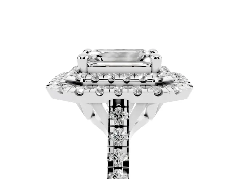 Emerald Cut Diamond Double Halo Statement Ring Set in Platinum with Pavé Band