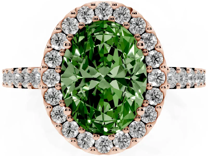 Fancy Green Oval Cut Diamond Halo Pavé Solitaire Ring Set in Rose gold with Prong-Set Center Stone