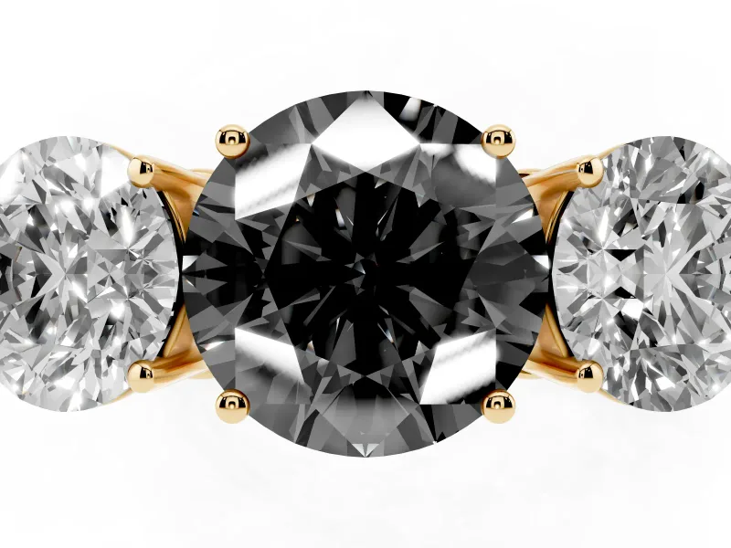 Round Three Stone Engagement Ring Setting for a Black Center | Beaded Shoulders | Yellow Gold