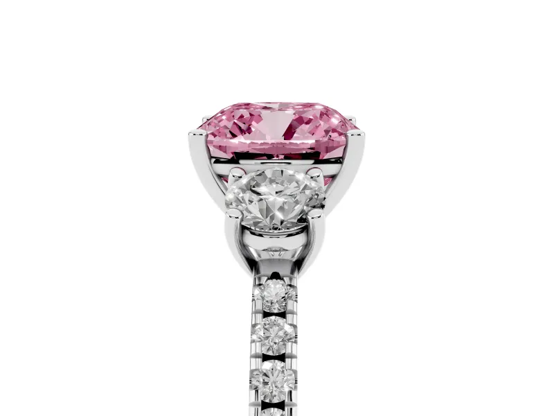 Cushion Cut Three Stone Engagement Ring Setting for a Fancy Pink Lab-Grown Diamond | Pave Shoulders | Sterling Silver
