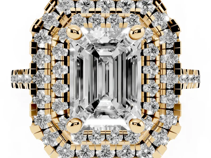 Emerald Cut Double Halo Engagement Ring Setting | Pave Shoulders | Yellow Gold