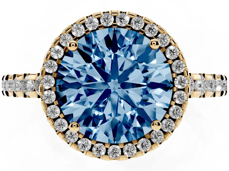 Round Halo Engagement Ring Setting for a Fancy Blue Lab-Grown Diamond | Half Pave Band | Yellow Gold