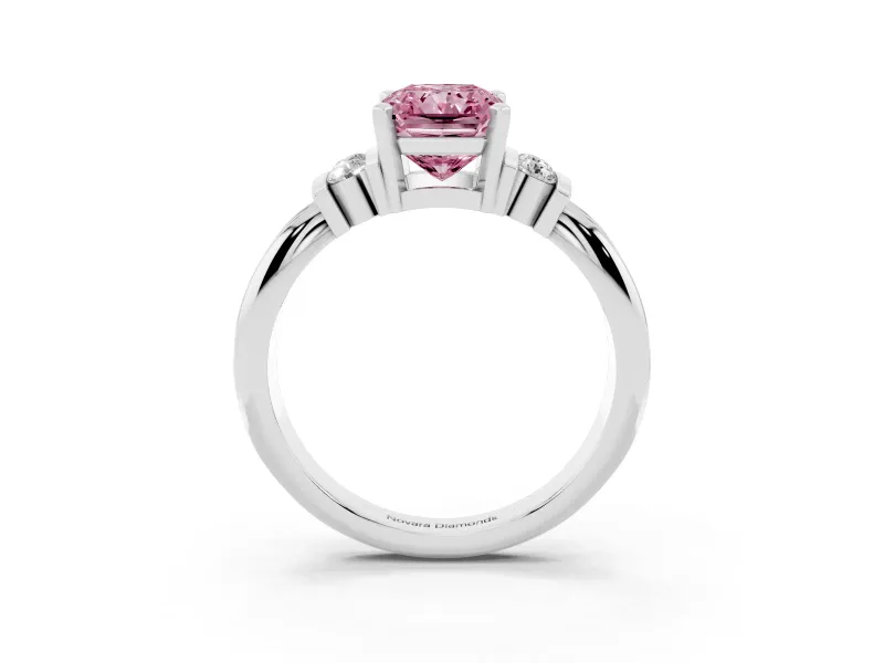 Fancy Pink Three-Stone Radiant Cut Diamond Channel Set Ring Set in Platinum with Bar Prongs