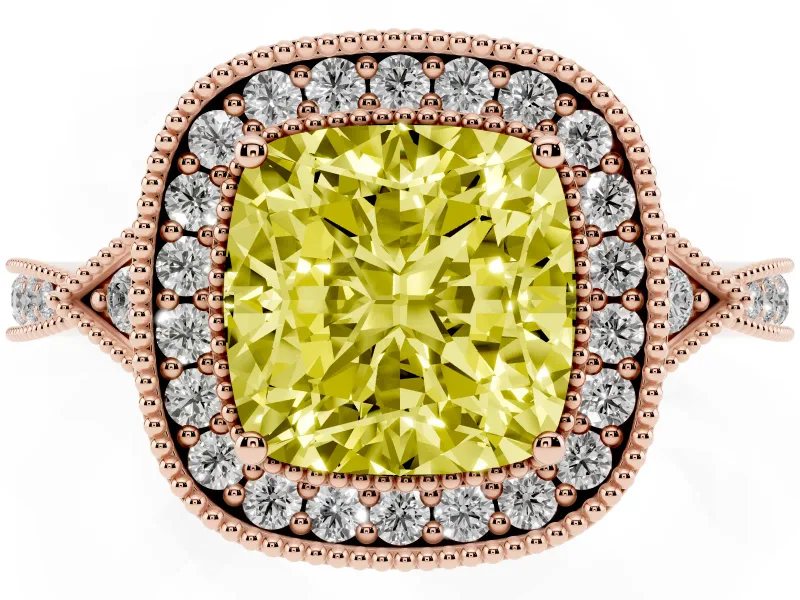 Fancy Yellow Cushion Cut Diamond Halo Engagement Ring Set in Rose gold with Milgrain Pavé Band