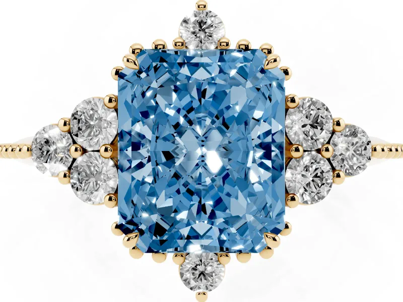 Fancy Blue Radiant Cut Diamond Cluster Ring Set in Yellow gold with Beaded Band