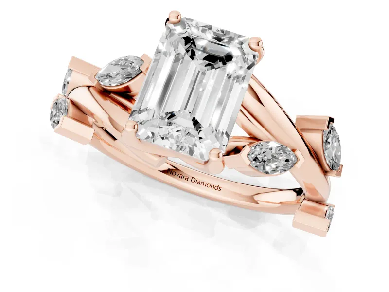 Emerald Cut Twisted Vine Engagement Ring Setting | Marquise Side Stones | Rose Gold