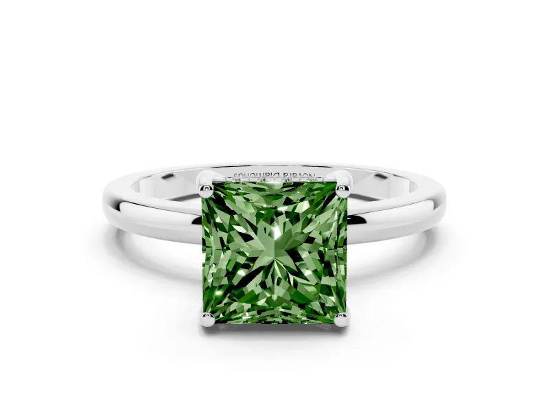 Fancy Green Princess Cut Diamond Solitaire Ring Set in White gold with Plain Band and Prong Setting