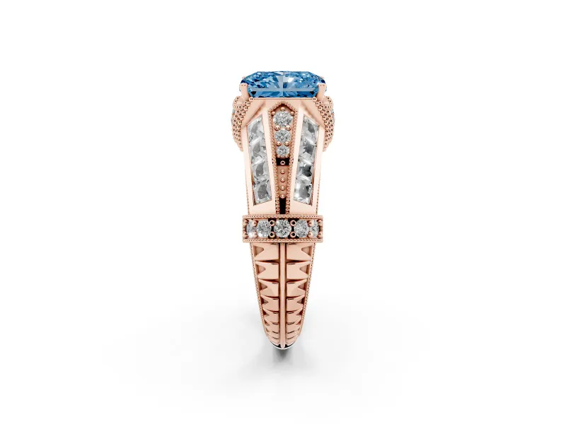 Fancy Blue Radiant Cut Diamond Vintage-Inspired Milgrain Ring Set in Rose gold with Accent Split Shank