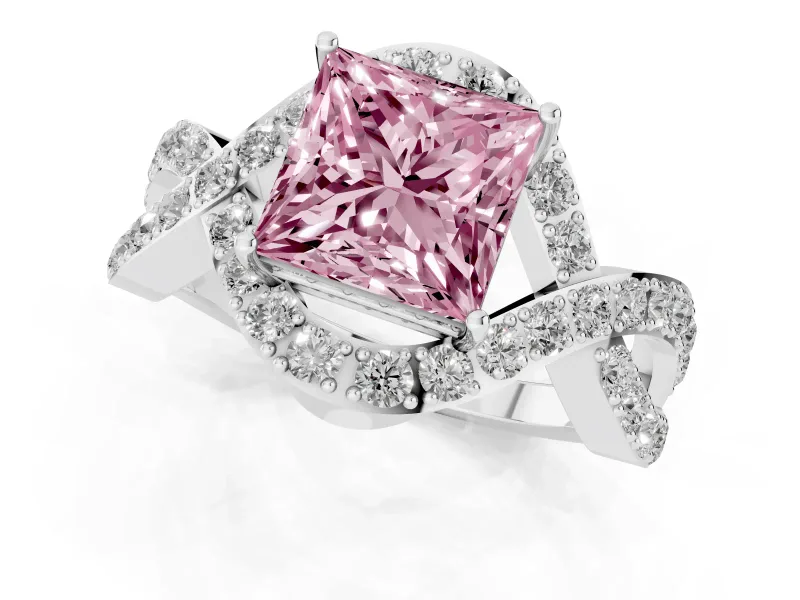 Fancy Pink Princess Cut Diamond Solitaire Twist Band Pavé Engagement Ring Set in Platinum